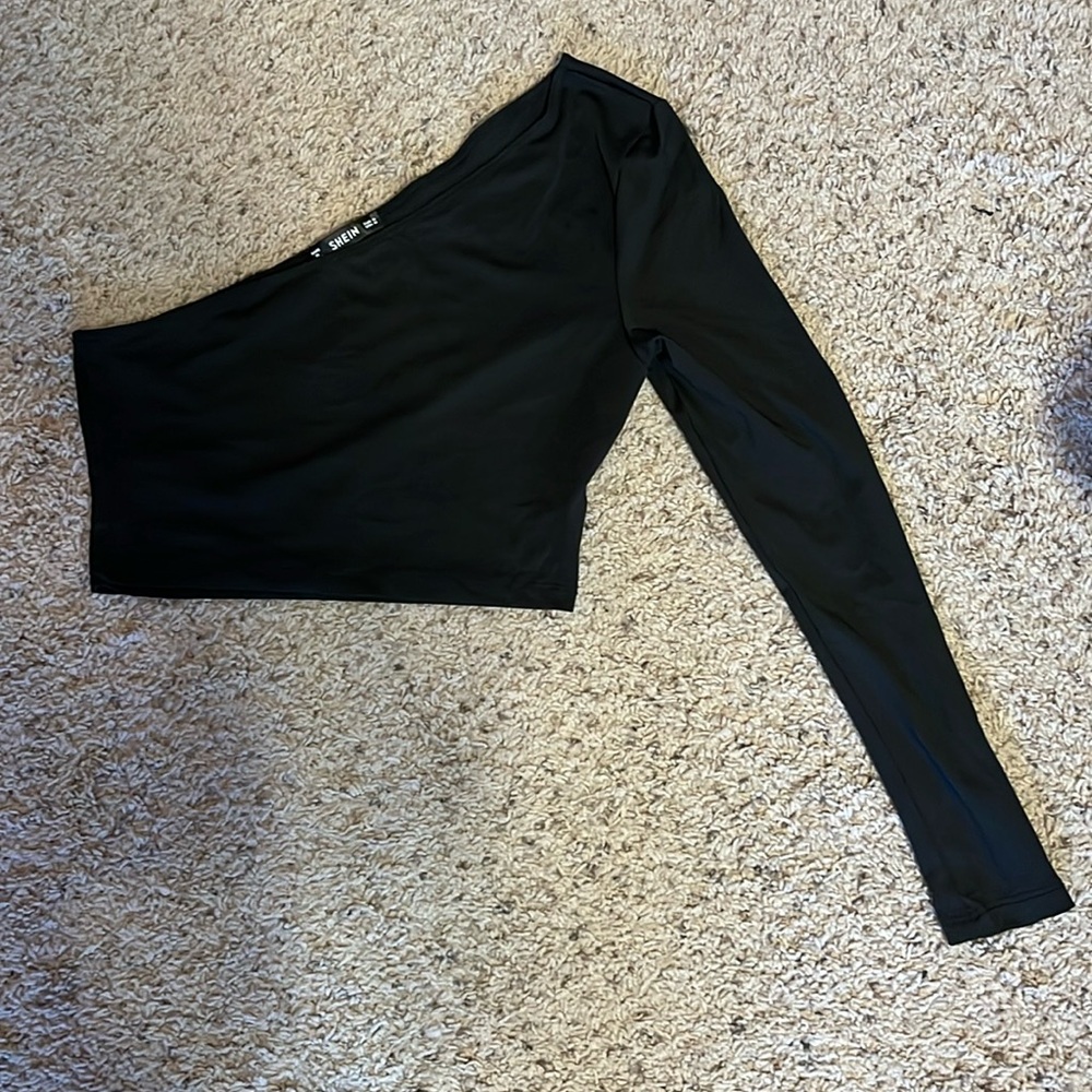 Black cropped one sleeve, silk like, women’s shirt